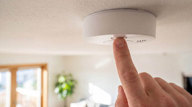 Person testing a ceiling-mounted smoke detector by pressing its button inside a modern home.