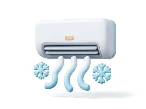 Air conditioning unit blowing cold air with snowflakes in a minimalist 3D style