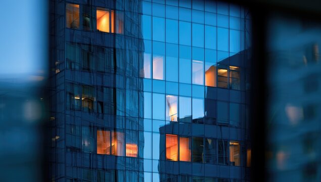 Evening view of a modern office building glass facade with illuminated windows.
