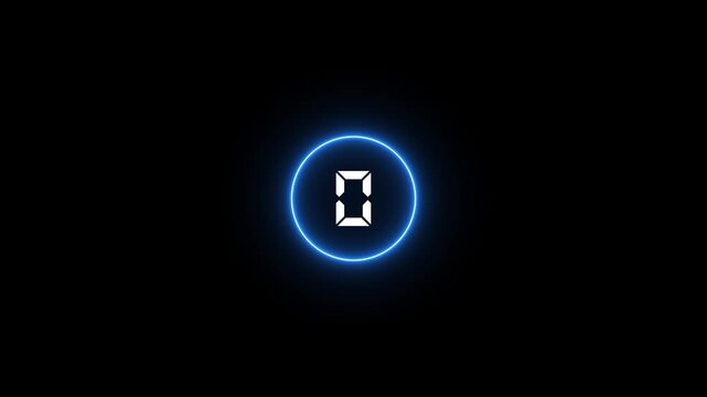 Neon blue countdown timer with glowing circular interface and digital number 0,1,2,3,4,5 on black background, futuristic technology in 4k motion graphics animation video.
