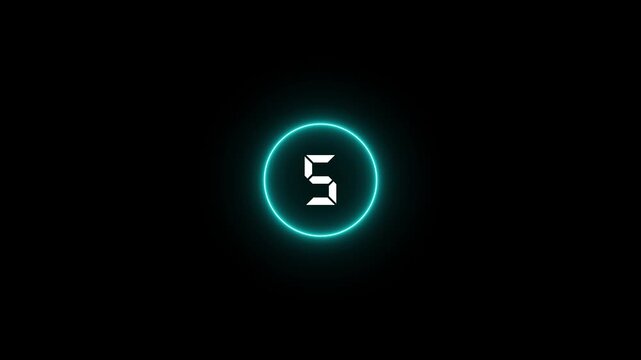 Neon cyan countdown timer with glowing circular interface and digital number 10 to 0 on black background, futuristic technology in 4k motion graphics animation video.
