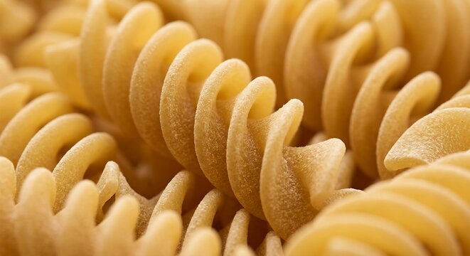 Macro close up of dry spiral fusilli pasta grains with warm lighting