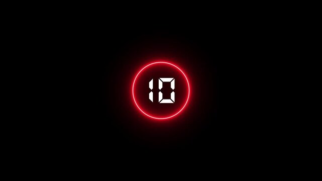 Neon red countdown timer with glowing circular interface and digital number 15 to 0 on black background, futuristic technology in 4k motion graphics animation video.