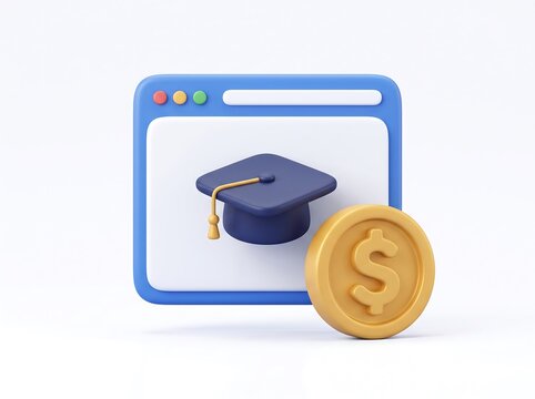 3D icon of a graduation cap sitting on a web browser window next to a gold currency coin