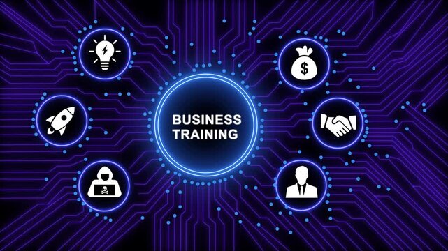 Business training concept featuring digital circuit board background, with glowing for, corporate development, leadership, skills, financial growth, cybersecurity awareness, and, innovation strategy