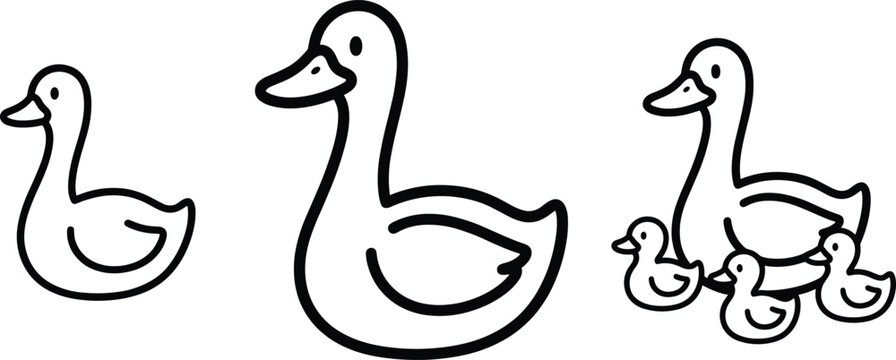 Duck Family Line Icon Set with Mother Duck and Baby Ducklings Following Behind for Nature and Farm Designs
