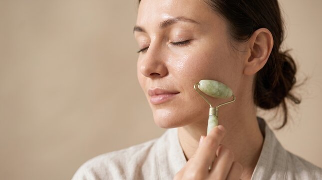 Relaxed woman massaging cheek with green jade facial roller for lymphatic drainage and skin care