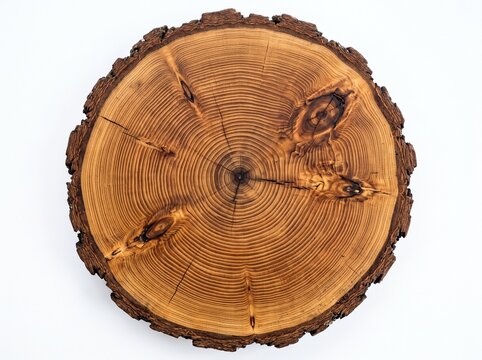 A round wooden cross section of a tree trunk showing visible growth rings on white background with edges isolated against circular slice