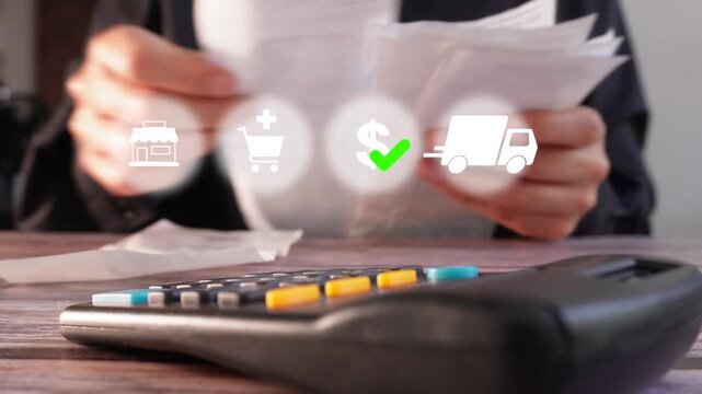 Person reviews bills and payments with a calculator. Fingers press keys, icons show financial activity. Used for accounting, retail, or business expense visuals