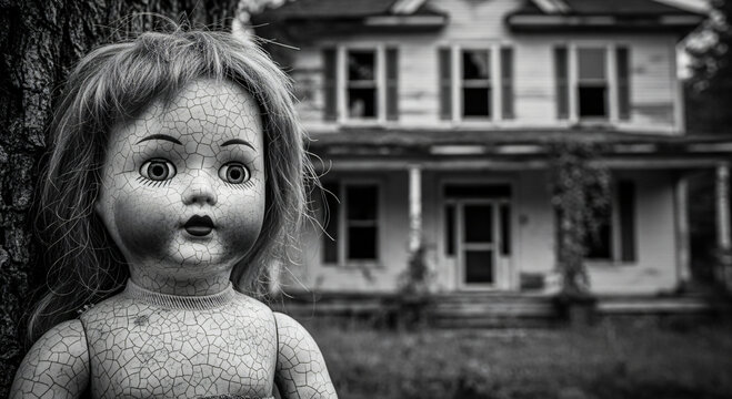 Monochrome creepy horror doll with cracked face, black lips sitting on the dusty abandoned house. Halloween, haunting, mystery content cinema banner with copy space.