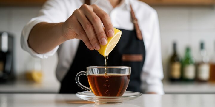 Bartender squeezing fresh lemon into a cup of black tea in a cozy cafe kitchen, representing healthy beverage preparation and natural vitamin C infusion concept