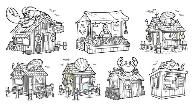 Seafood Market Shack and Wooden Fish Store Line Art Vector Illustration Set Collection