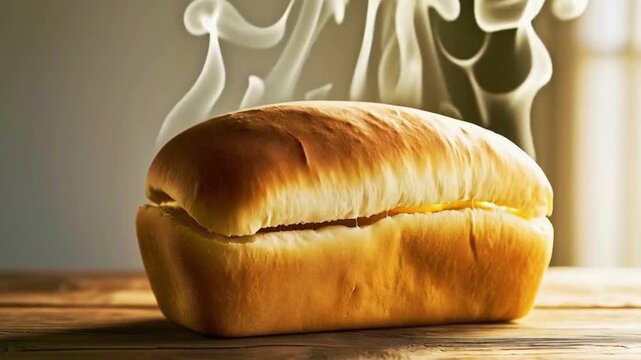 Freshly baked, fragrant white bread on a wooden table
