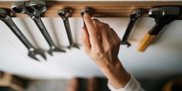 Woman hand choosing a wrench on a tool rack in workshop garage for DIY home repair project and mechanic maintenance work concept