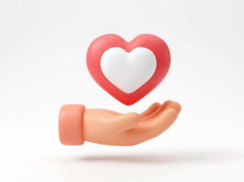 3D hand holding a red and white heart icon with valentines day 3D illustration heart shape