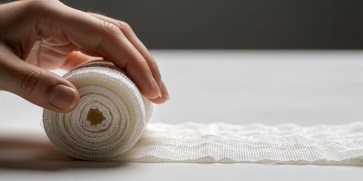 Hand rolling a medical gauze bandage on a white table for first aid and wound care treatment