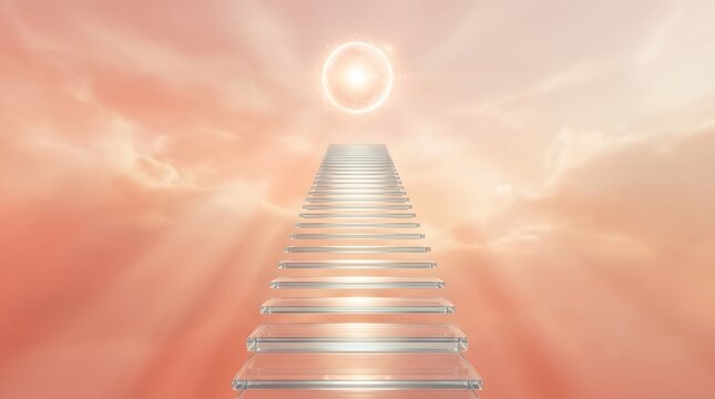 Staircase ascends into glowing sky. Sun halo marks ultimate destination. Hopeful spiritual path represents growth. Heavenly portal inspires future vision.