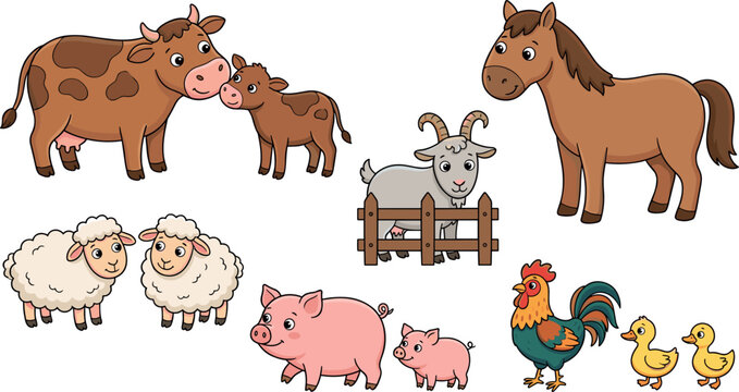 Cute Farm Animal Family Illustration Set with Cow Horse Sheep Pig Goat Rooster and Duck Characters for Children Educational Designs