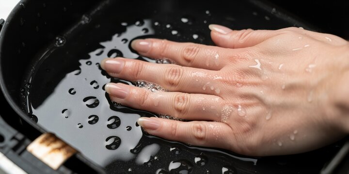 Woman cleaning air fryer basket with soapy water and sponge in kitchen, nonstick coating maintenance and care