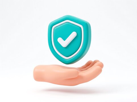 3D cartoon hand showing a shield icon with a white checkmark check mark hand gesture 3D illustrat