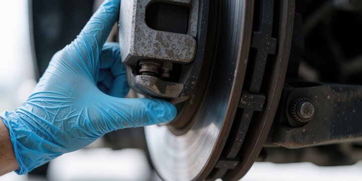 Mechanic repairing car brakes in workshop, automotive maintenance and brake pad replacement service concept