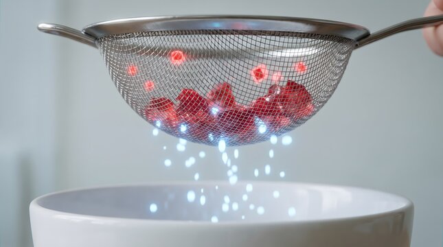 Metal sieve filters glowing particles. Selective mesh refines raw content. Digital strainer ensures quality selection. Data processing extracts pure information.