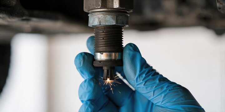 Mechanic holding a modern vehicle fuel injector with visible spray pattern and spark test in an auto repair shop