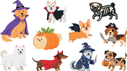 Obraz premium Cute Halloween Dog Illustration Collection Featuring Witch Pirate Vampire Skeleton and Pumpkin Costumes for Spooky Children Designs