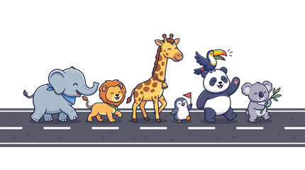 Obraz premium Group of cute cartoon wild animals walking together on the road vector illustration
