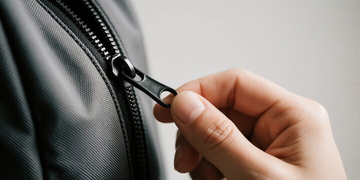 Close up view of a person pulling a black zipper on a bag or jacket representing closure and security in everyday life