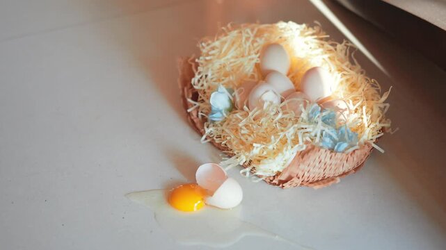 Easter nest with eggs and broken shell on floor