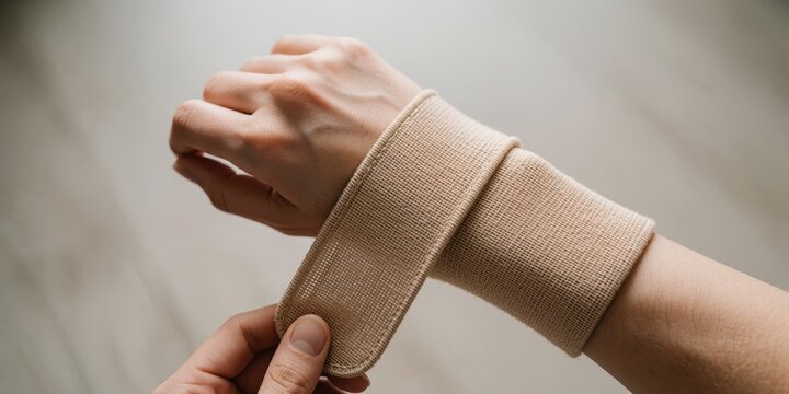 Young adult woman wrapping elastic compression wrist brace for carpal tunnel syndrome recovery support at home