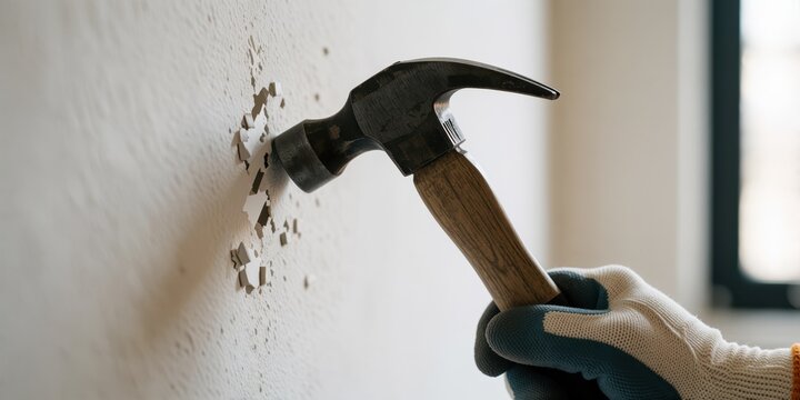 Person in protective gloves smashing a white drywall with a metal claw hammer for renovation and home improvement project