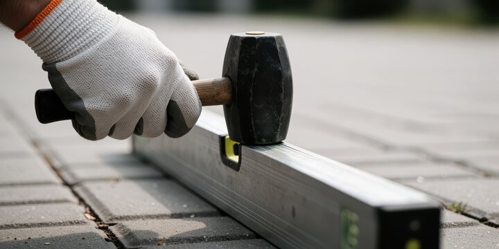 A gloved worker using a rubber mallet and spirit level to install paving stones outdoors