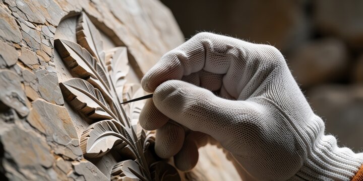 Close up of artisan sculptor hands wearing gloves carving intricate leaf patterns into stone relief sculpture for architectural restoration project