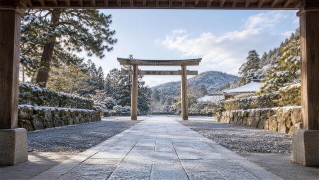 門の軒下から雪の参道と山を背にした鳥居を望む