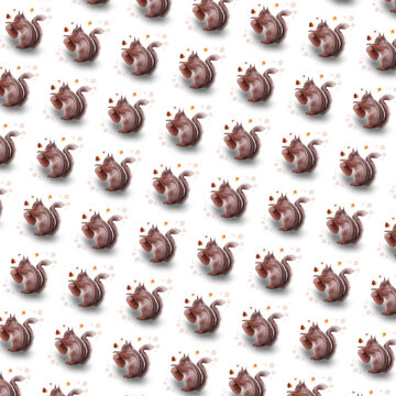 Seamless autumn animals pattern with isolated cute squirrels on transparent background