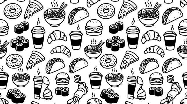 Hand Drawn Food and Drink Seamless Pattern with Pizza Burger Coffee Donut Sushi Taco Ramen and Croissant Bold Doodle Vector Design