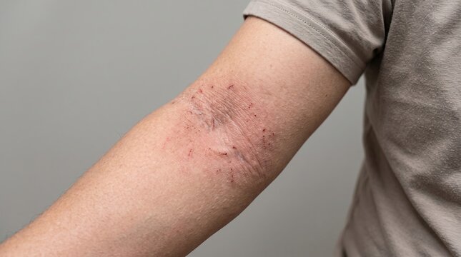 Close up of atopic dermatitis eczema flares and scratches on human inner elbow bend