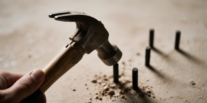 A person holding a claw hammer hitting pegs into a wooden surface representing perseverance, precision, and hard work in DIY projects
