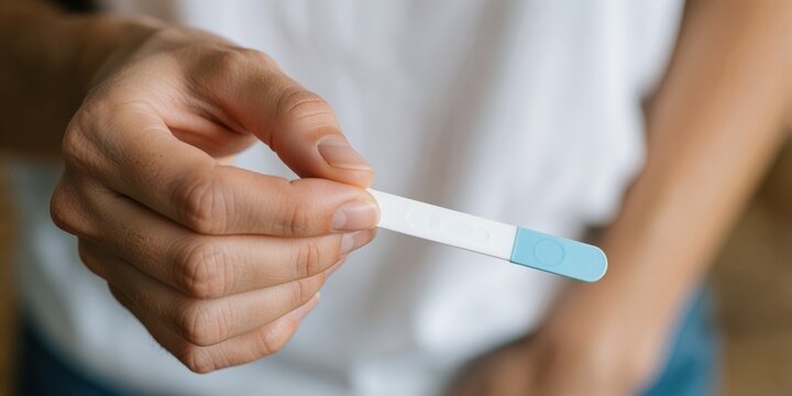 Young adult woman holding pregnancy test stick in hand waiting for result family planning concept