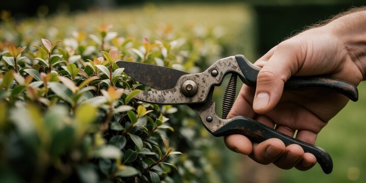 Gardener trimming green hedge with vintage pruning shears, concept of professional landscaping, yard maintenance, and botanical care in a residential garden