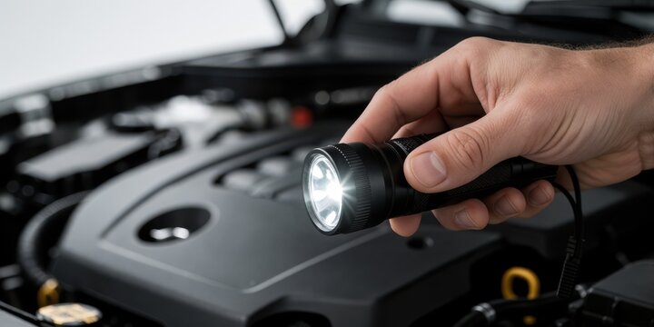 Man inspecting car engine with a flashlight in a garage, auto repair and maintenance concept, mechanic working on vehicle parts