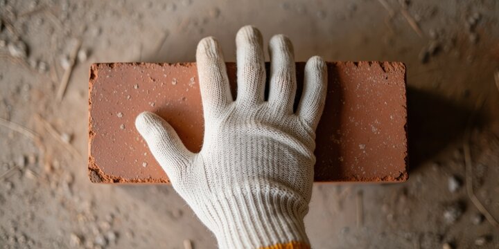 Gloved hand touching a red clay brick construction site close up safety concept masonry work