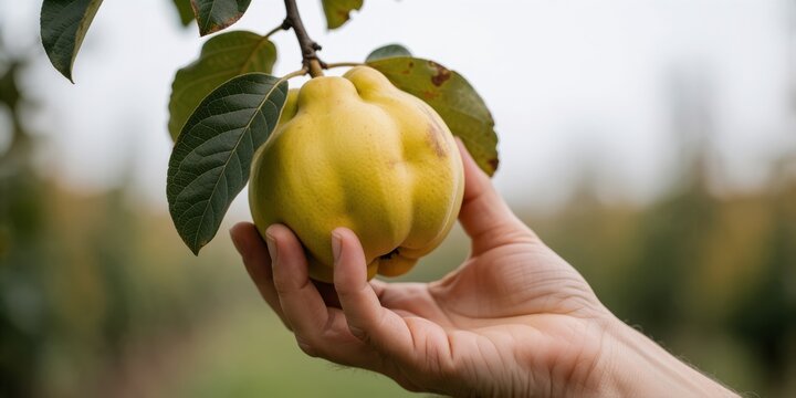 Person picking a fresh ripe yellow quince fruit from the tree in the autumn orchard representing harvest