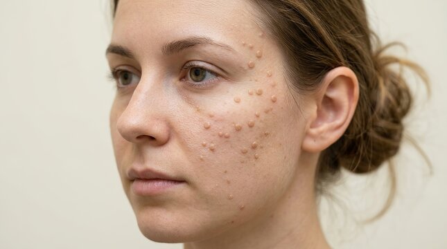 Young woman face showing papules and bumps on cheek after mesotherapy skin booster injection treatment