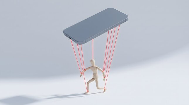 Mobile phone controls small wooden puppet. Red strings manipulate marionette figure movement. Digital tech addiction traps modern user. Social media influence directs daily behavior.