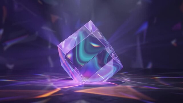 Glowing transparent glass cube refracts colorful light in a dark studio