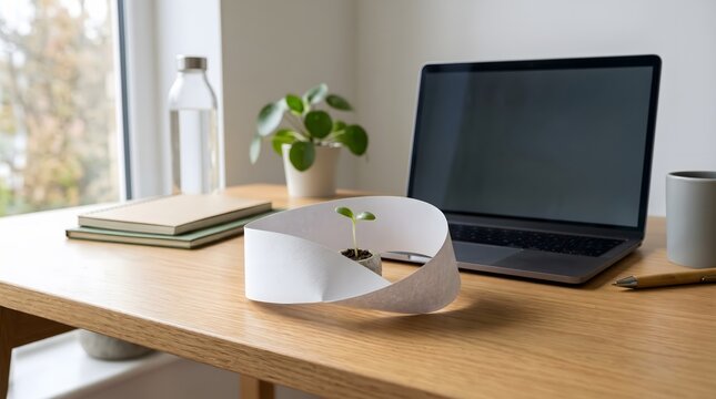 Paper mobius strip encircles small green sprout, Office desk setup features modern laptop computer, Natural window light illuminates sustainable business growth, Infinite loop concept represents