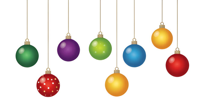 Vector Hanging Christmas Ornaments Garland Isolated White Background Colorful Baubles Border